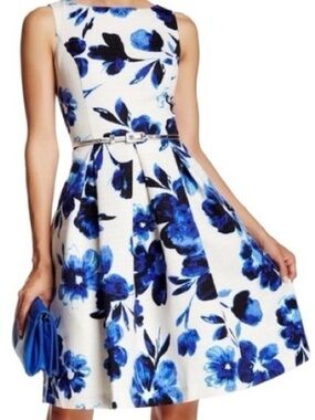 Eliza J Floral Dress with Blue and White Print